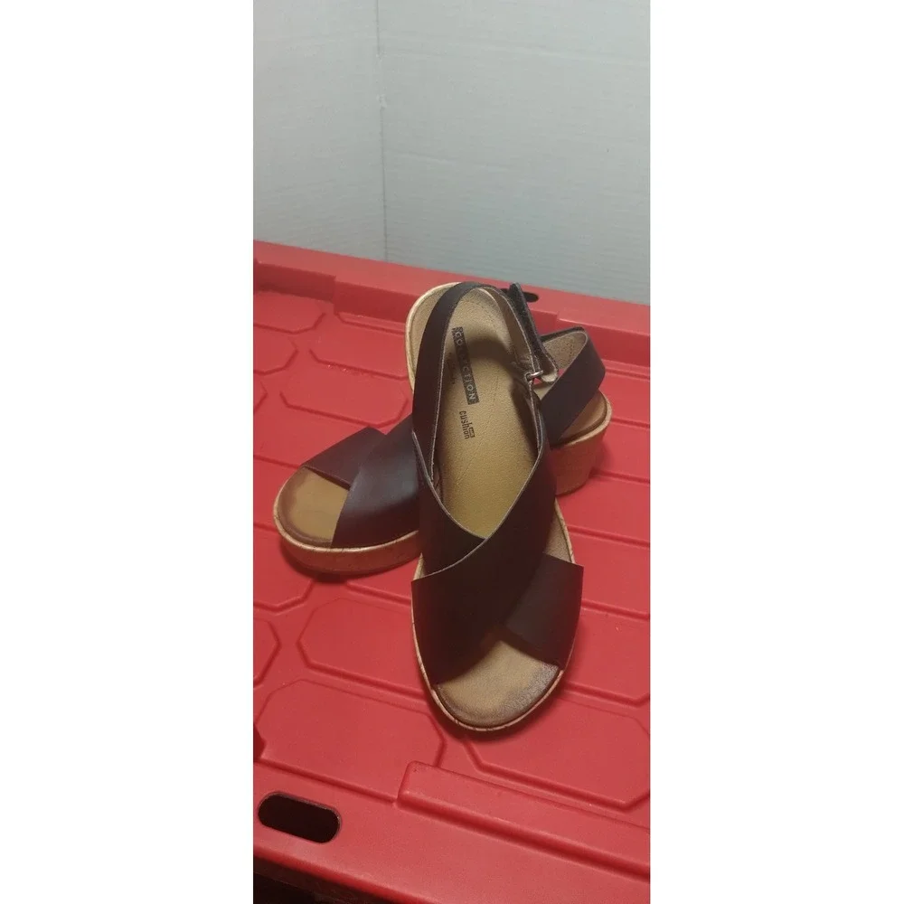 Clarks Collection Brown Faux Leather Cork Wedge Slingback Sandals Womens 6.5 M